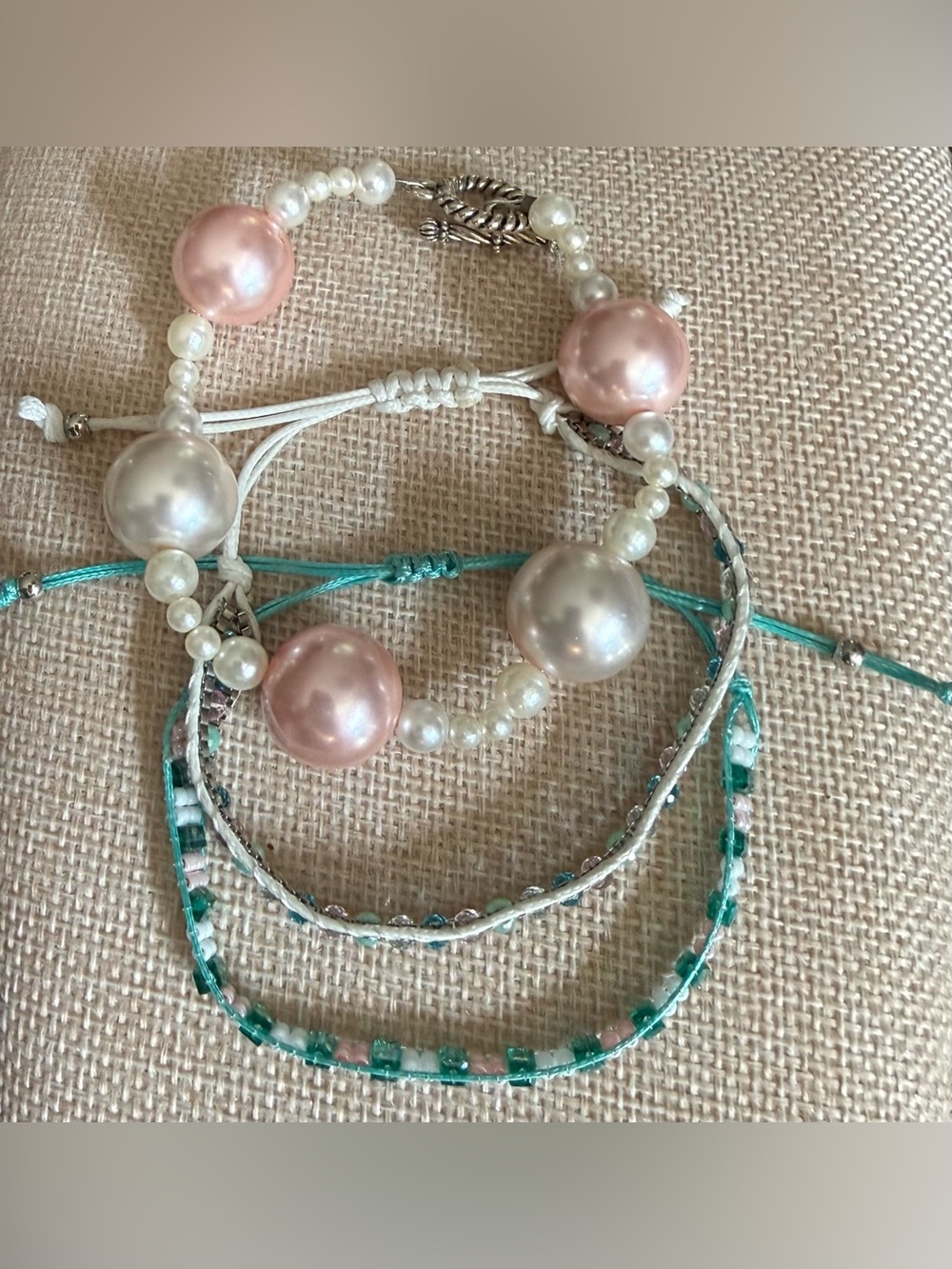 Pearl & Bead Layered Bracelet Set - Pink, White, Teal